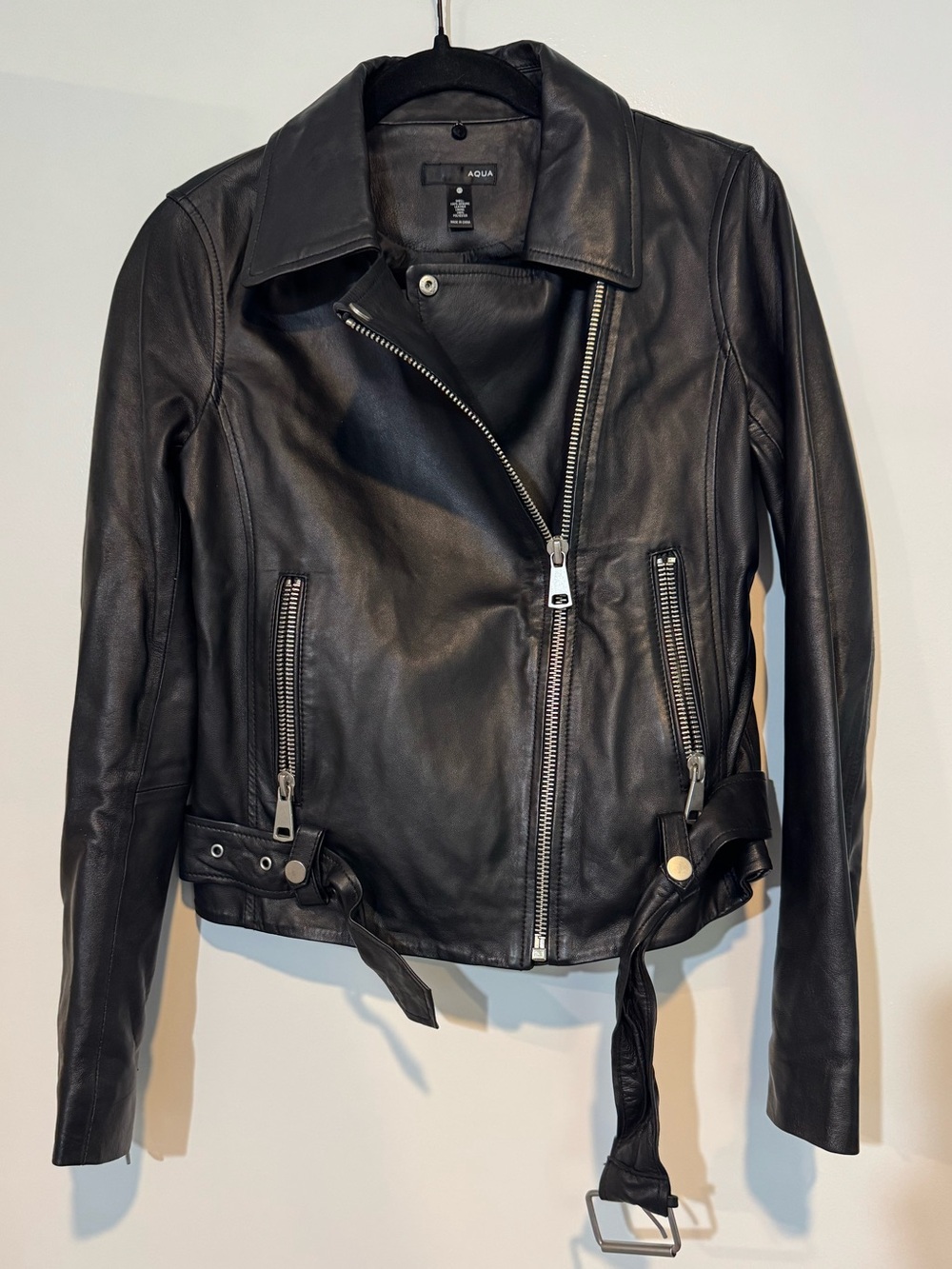 AQUA Black Genuine Leather Asymmetrical Moto Biker Jacket Size XS